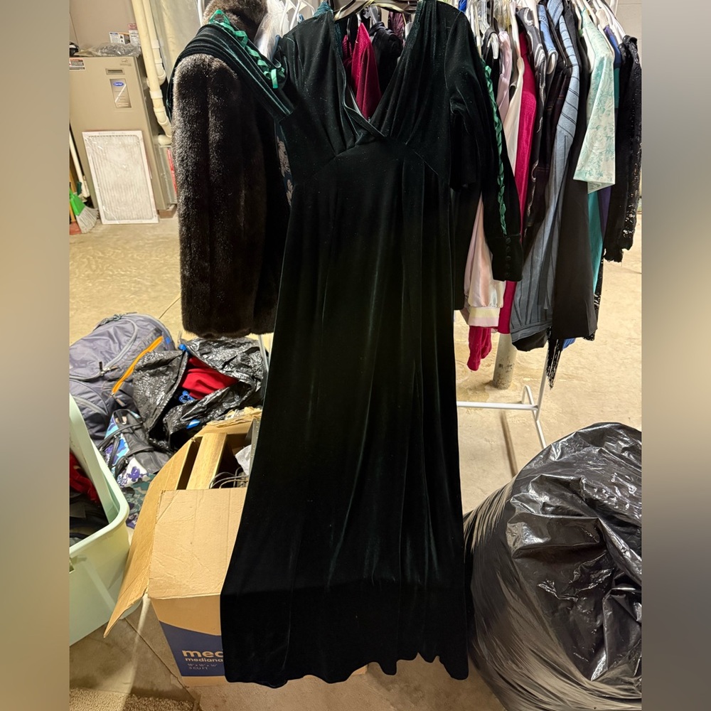 Emerald green velvet unique vintage dress